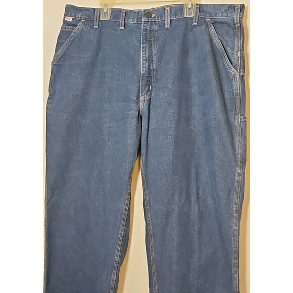 Carhartt Mens Flame Resistant FR Denim Dungaree Jeans Sz 44x32 (42x32) FRB13 DNM - Picture 2 of 16